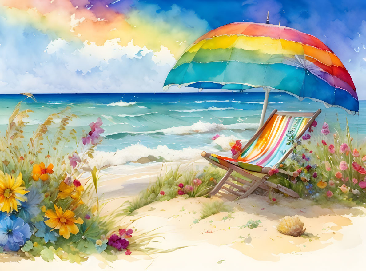 Vibrant beach scene with colorful umbrella, chair, flowers, ocean, and sky