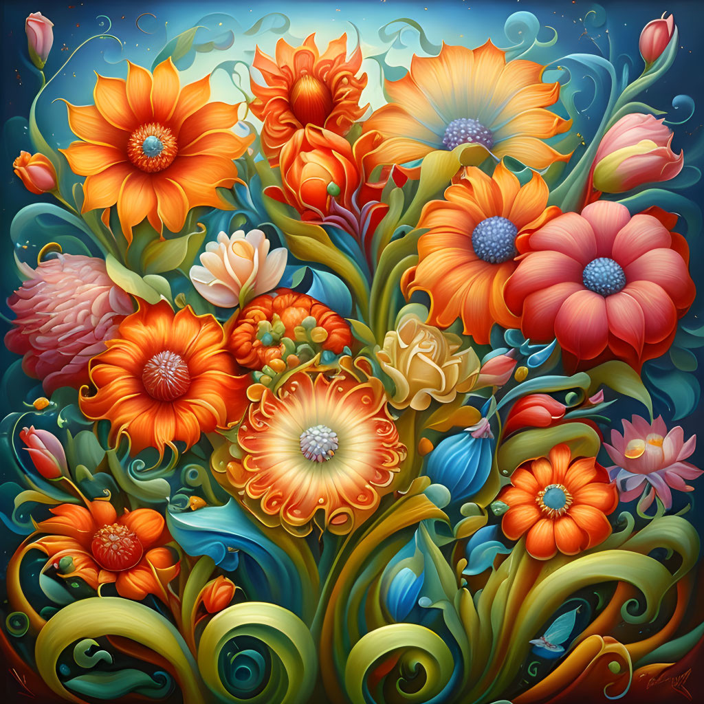 Colorful Flowers Illustration in Orange, Red, and Blue on Teal Background