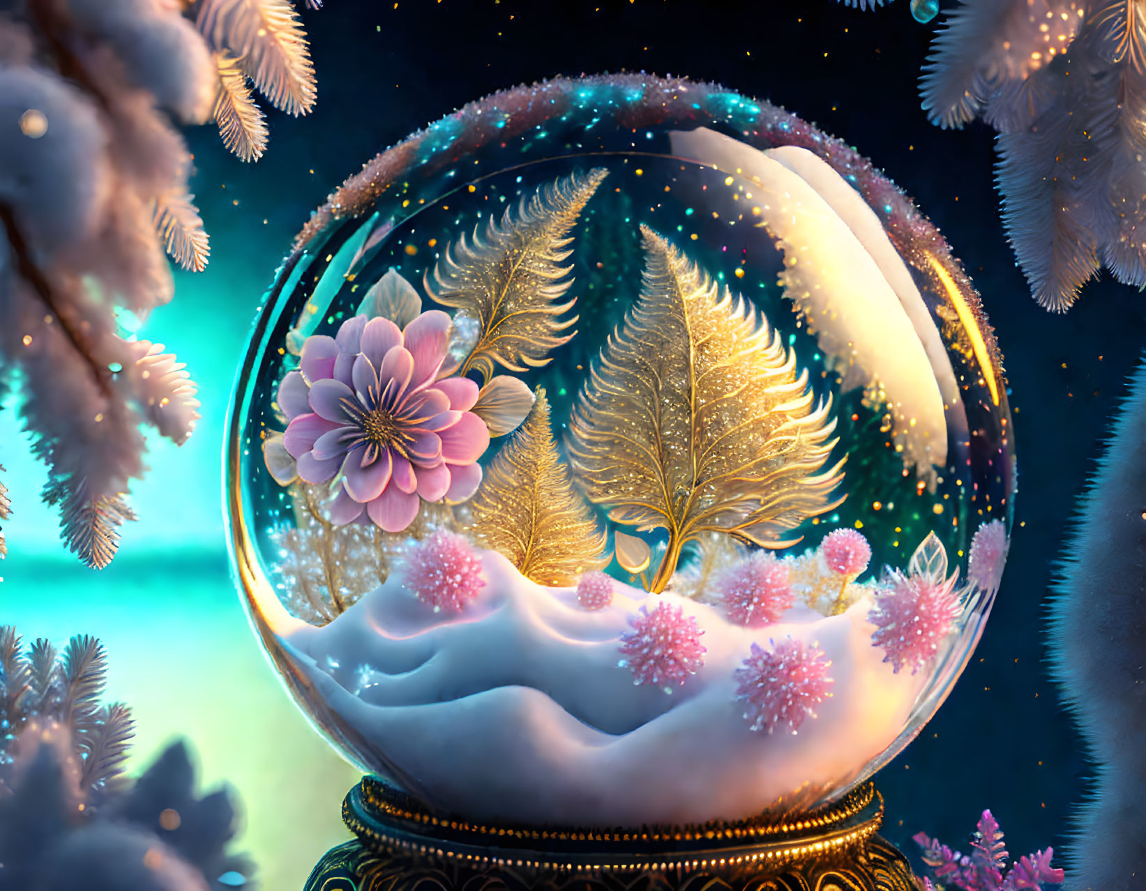 Snow Globe Digital Art with Golden Leaves, Pink Flower, Snowy Branches, Twilight Sky