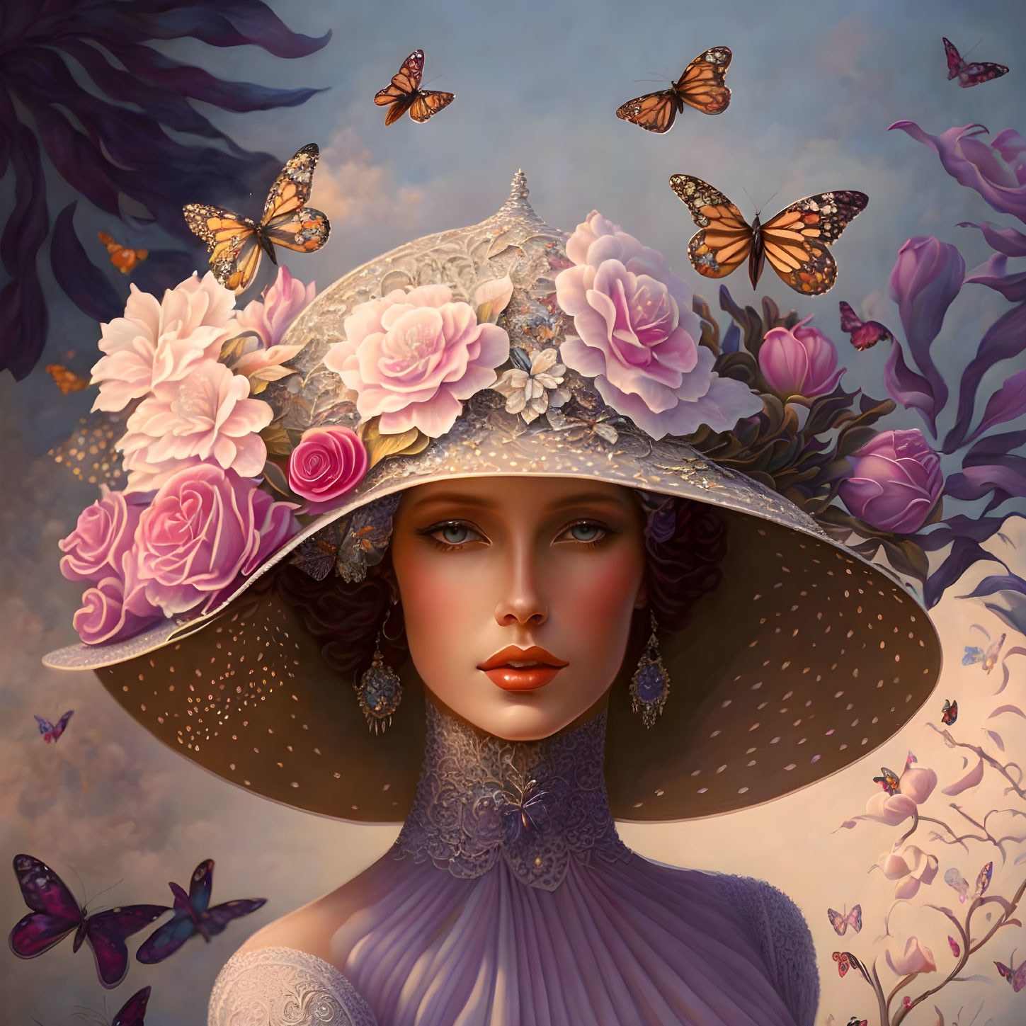 Portrait of woman with floral hat and butterflies exudes serene ambiance