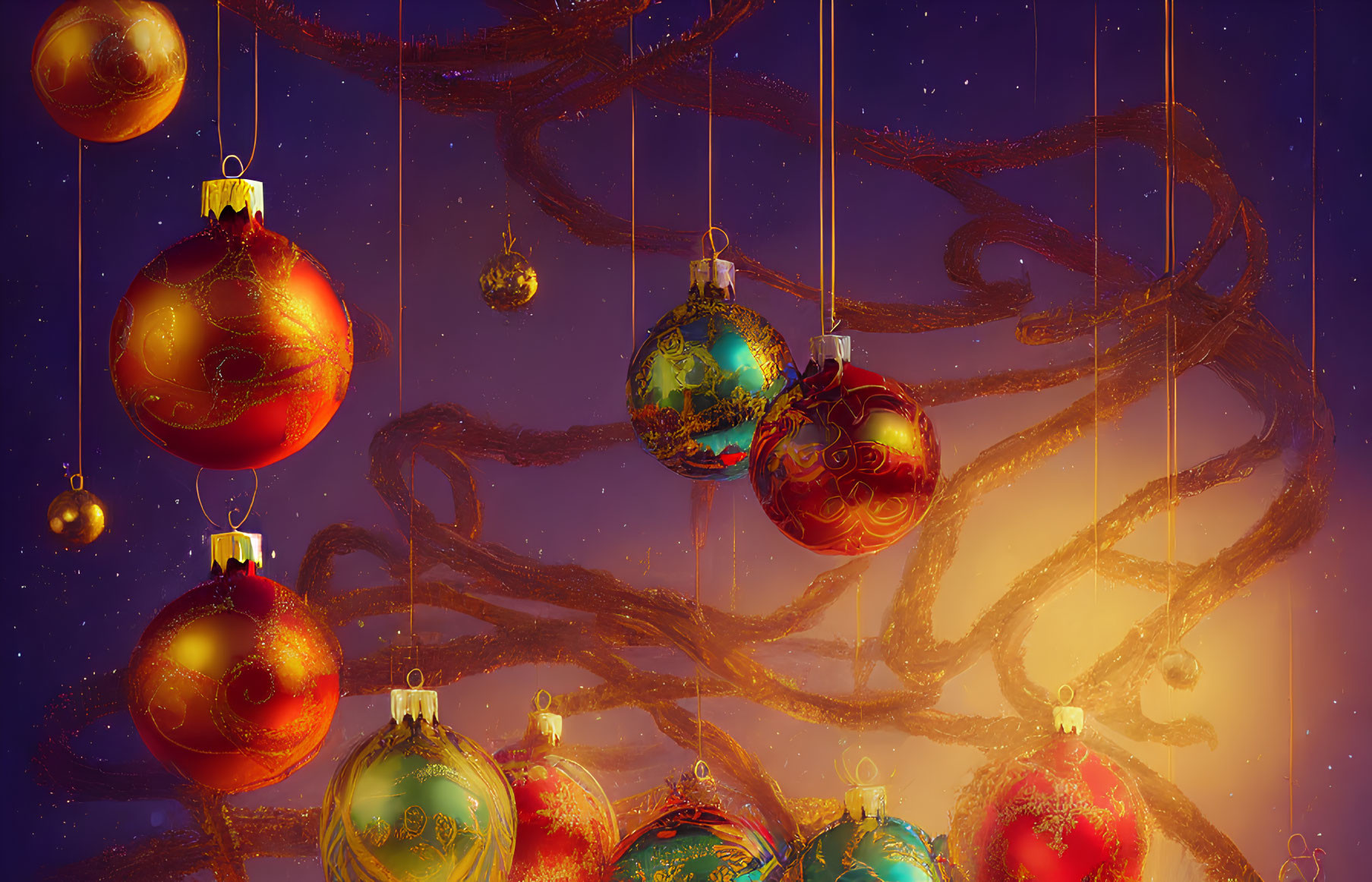 Vibrant Christmas baubles on whimsical tree branches