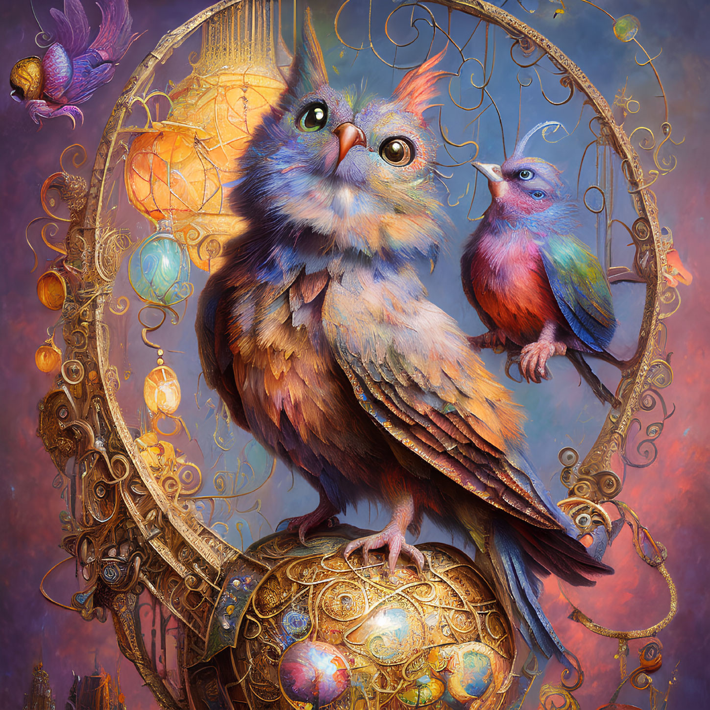 Colorful owl perched on golden clockwork sphere with smaller bird in fantasy illustration