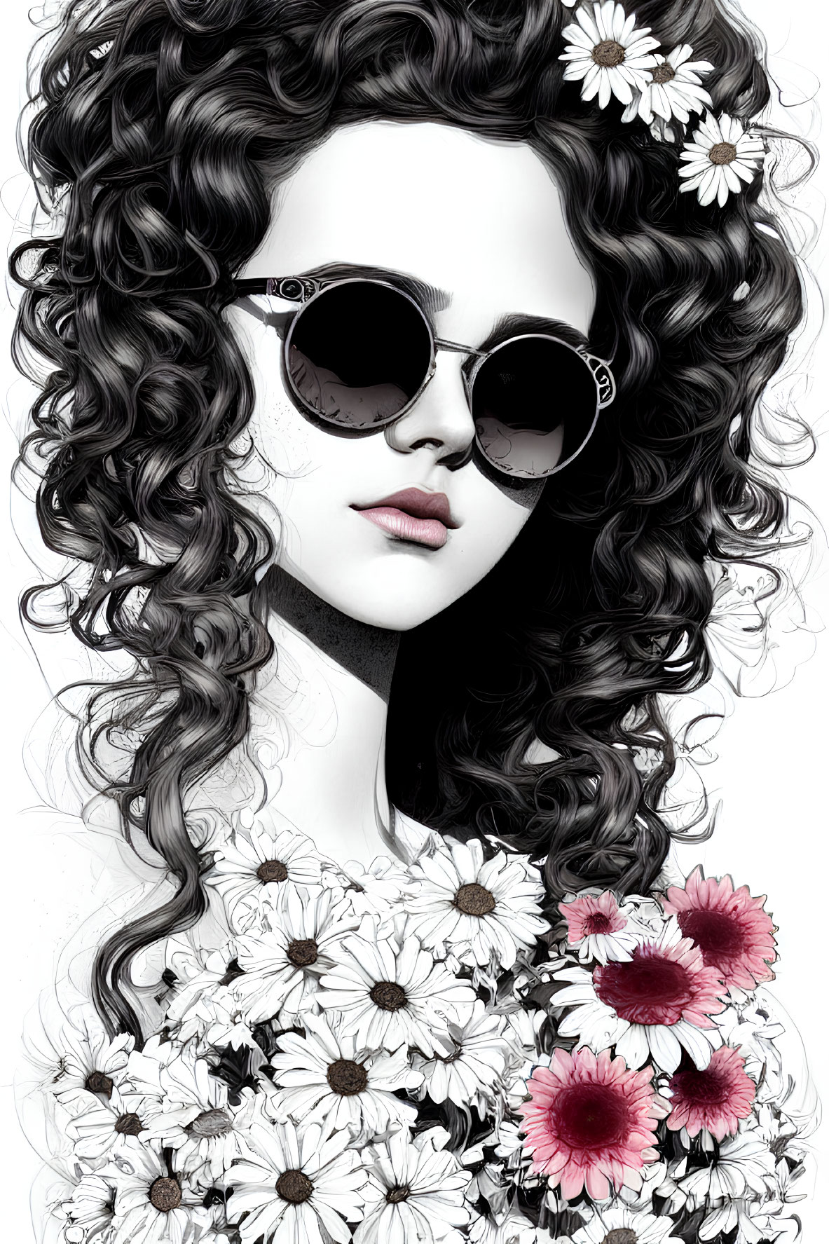 Monochrome illustration of woman with curly hair and floral dress