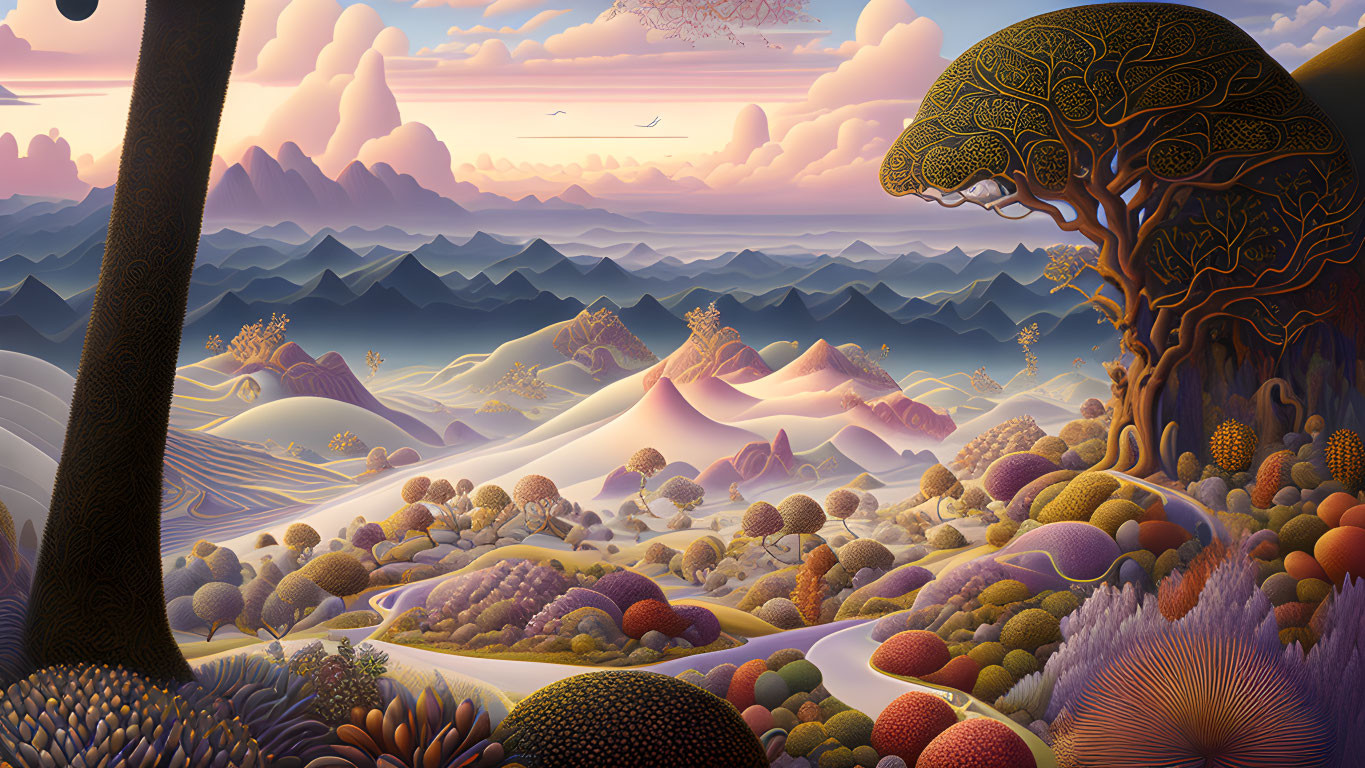 Surreal landscape with rolling hills, vibrant trees, and mountains under gradient sky