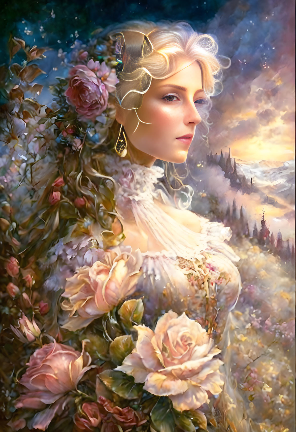 Fantasy portrait of woman with ethereal features and roses under starlit sky.