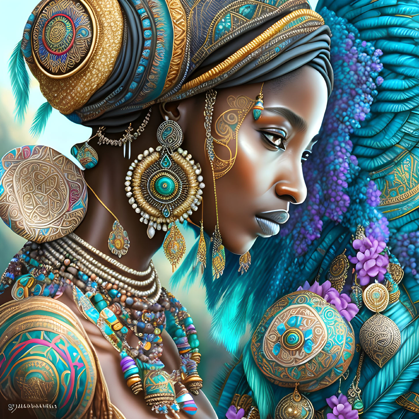 Detailed digital portrait of a woman with golden jewelry, ornate patterns, and colorful feathers