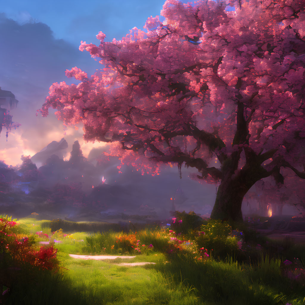 Majestic cherry blossom tree in fantasy landscape with pink blooms