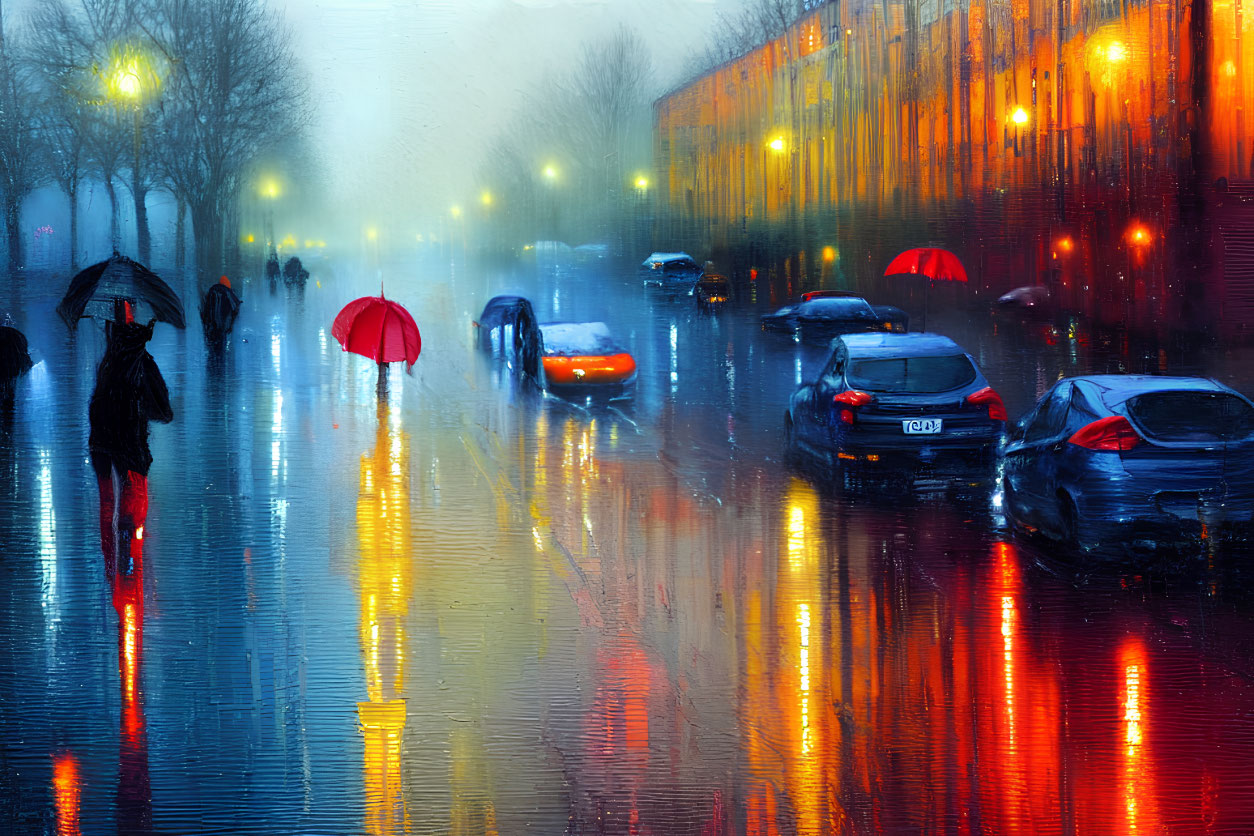 Rainy urban scene with vibrant reflections of people with umbrellas and cars on wet, illuminated street in