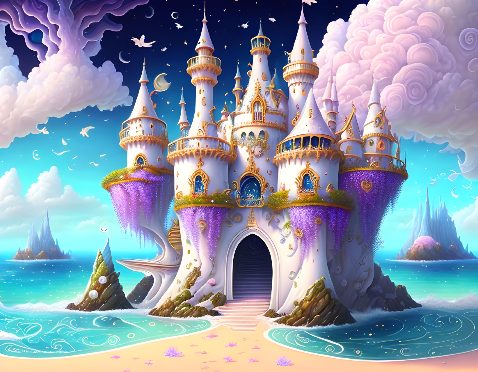 Fantastical castle with purple flora and floating islands against pink and blue skies