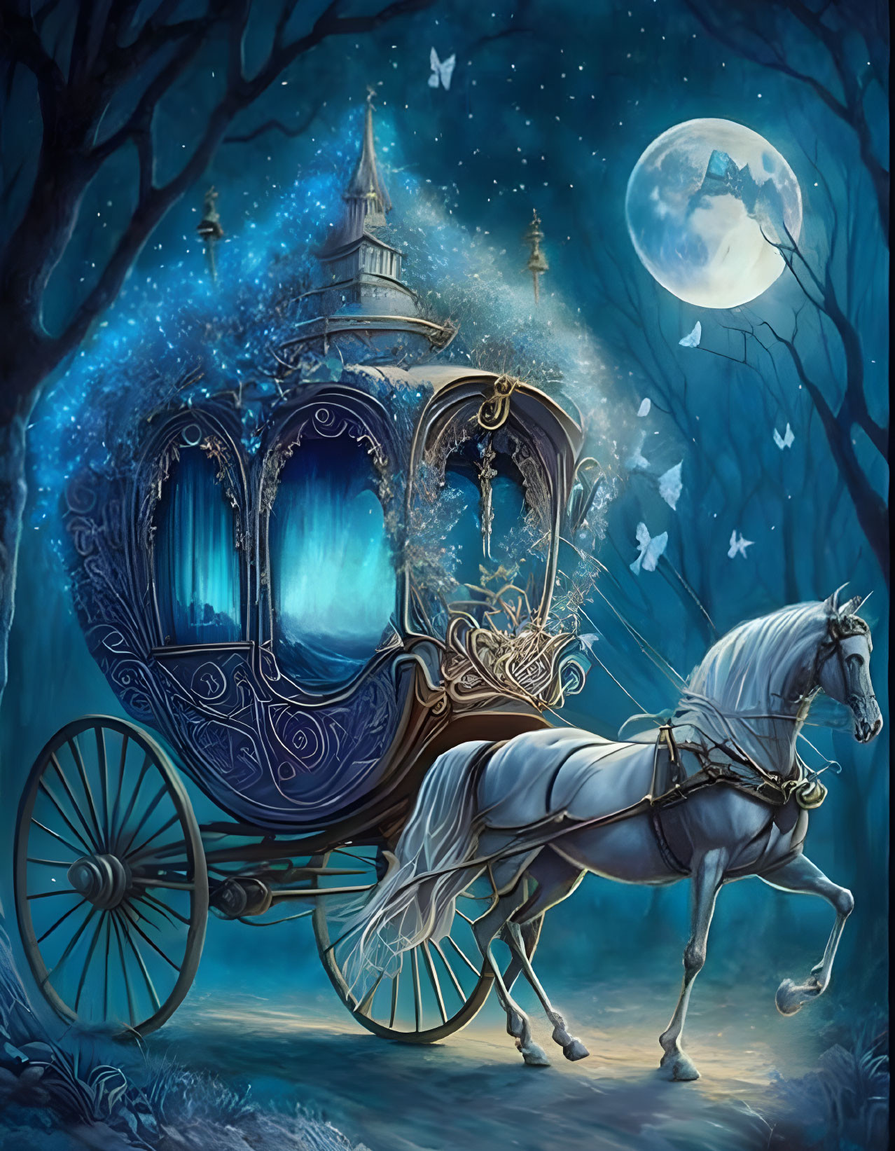 Moonlit Night Sky: Magical Horse-Drawn Carriage and Butterflies