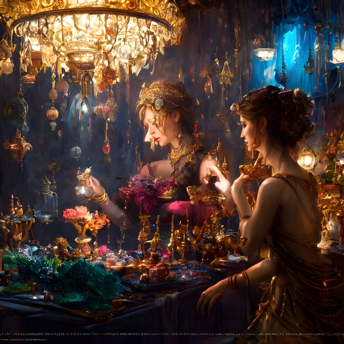 Luxurious table setting with elegantly dressed women in opulent scene