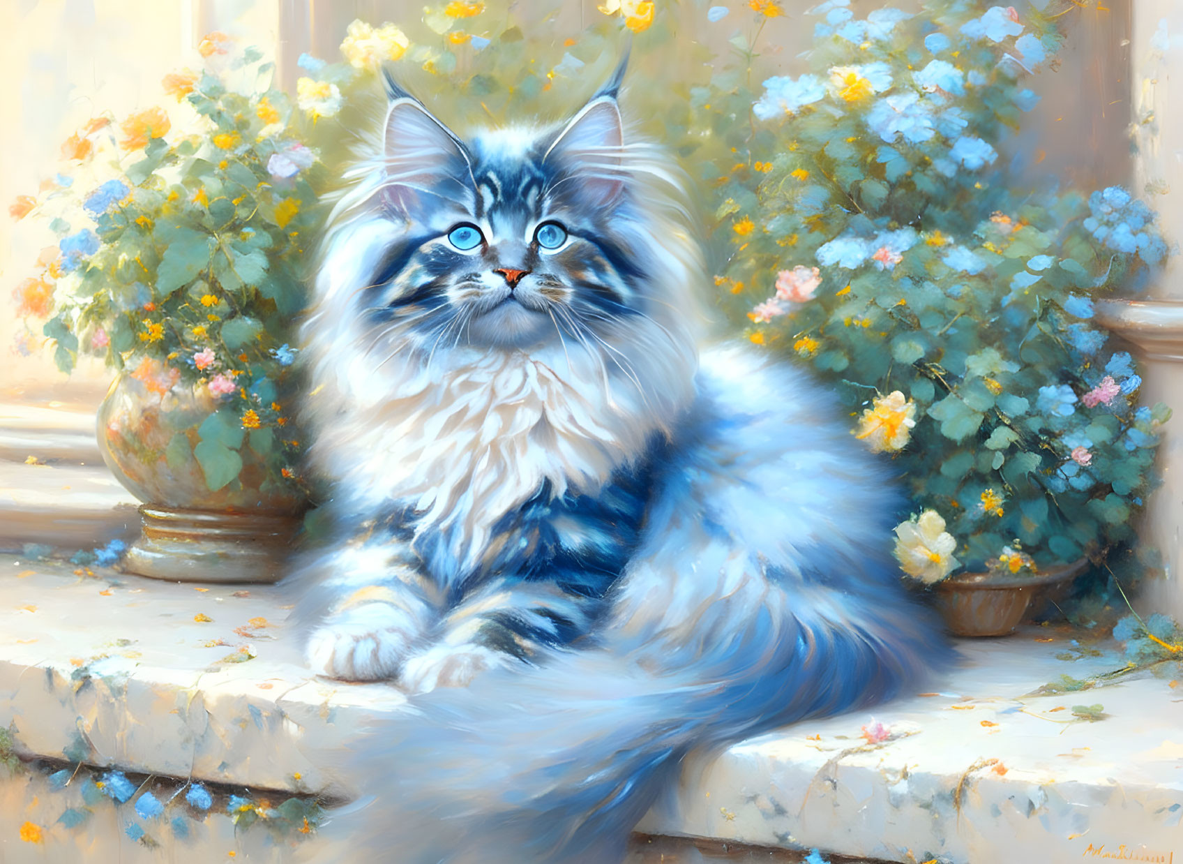 Fluffy cat with blue eyes in flower-filled setting