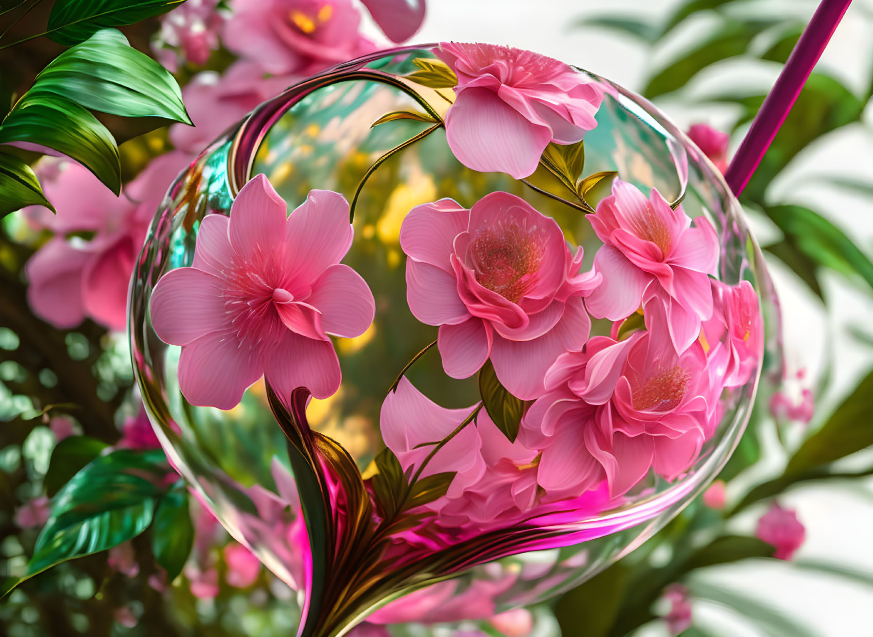 Pink flowers in translucent bubble among lush green foliage