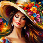 Woman with Long Hair in Floral Hat on Colorful Abstract Background