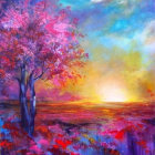 Colorful Sunset Painting: Pink Tree & Reflective Water