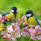 Colorful birds on branch with pink flowers in green background