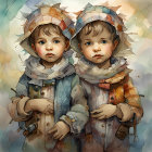 Young children with blue eyes in colorful clothing and whimsical hats