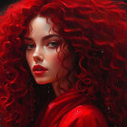 Woman with Voluminous Red Curly Hair and Green Eyes in Red Garment against Starry Background