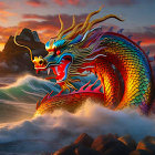 Colorful Dragon Emerges from Ocean Waves at Sunset