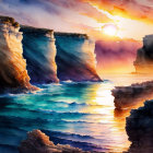 Scenic sunset watercolor painting of sun between sea cliffs