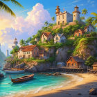 Picturesque coastal village with stone houses, palm trees, lighthouse, and boats by serene blue sea