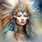 Illustrated portrait of woman with ornate feather headdress and turquoise jewelry