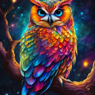 Colorful Stylized Owl Perched on Branch Under Starry Night Sky