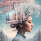 Person with tranquil expression in surreal portrait with snow-covered landscape and tree head.