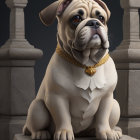 Digital artwork of bulldog with golden necklace in majestic pose, set against stone pillars