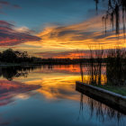 Tranquil sunset scene with birds over a colorful lake