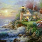 Picturesque lighthouse on rocky cliff with cottage and blooming flowers under warm sunset sky