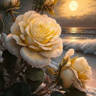 Dew-covered roses under dramatic sunset sky