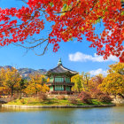 Colorful Autumn Village Painting with River and Textured Brush Strokes