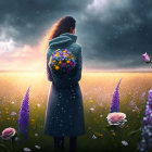 Woman in teal coat with bouquet in purple flower field in rainstorm