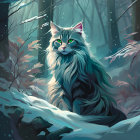 Long-haired cat with green eyes in snowy forest with falling snowflakes