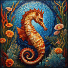 Colorful seahorse mosaic surrounded by coral on dark blue background