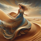 Woman with flowing hair and dress blending into surreal desert landscape