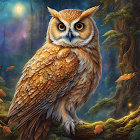 Detailed Owl Perched on Branch in Mystical Forest Scene