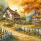 Idyllic painting of quaint cottages in lush autumn setting