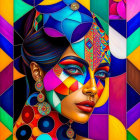 Colorful Digital Artwork: Woman with Geometric Patterns and Bold Makeup