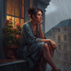 Woman sitting on windowsill looking at rainy cityscape with flowers and moody lighting.