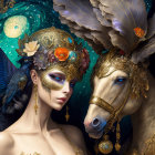 Woman in ornate feathered mask with golden-horned horse under celestial sky