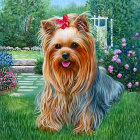 Royal Yorkshire Terrier with crown and jewelry in flower field