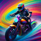 Colorful Motorcyclist Riding Fast with Neon Light Trails