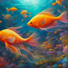 Vibrant orange goldfish in colorful underwater scene