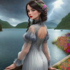 Woman with floral wreath on wooden bridge by stormy lake