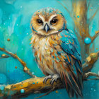 Detailed owl painting with brown and blue plumage on a branch against turquoise background