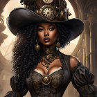 Dark-skinned woman in steampunk attire with ornate jewelry against architectural backdrop