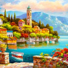 Colorful Lakeside Village Painting with Bell Tower and Boat