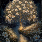 Enchanted tree with glowing flowers in dark forest by reflective stream